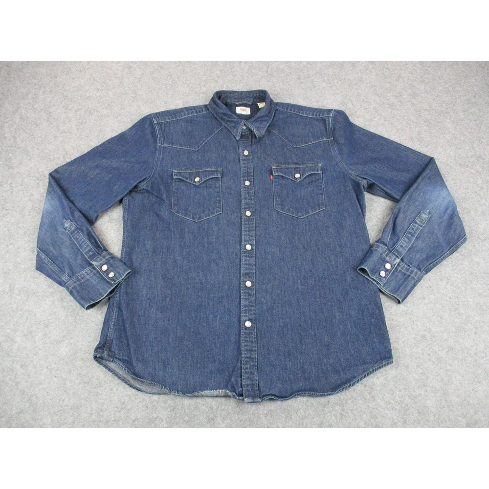 Levis Shirt Mens Large Blue Denim Pearl Snap Western Pocket Dark Wash Cowboy